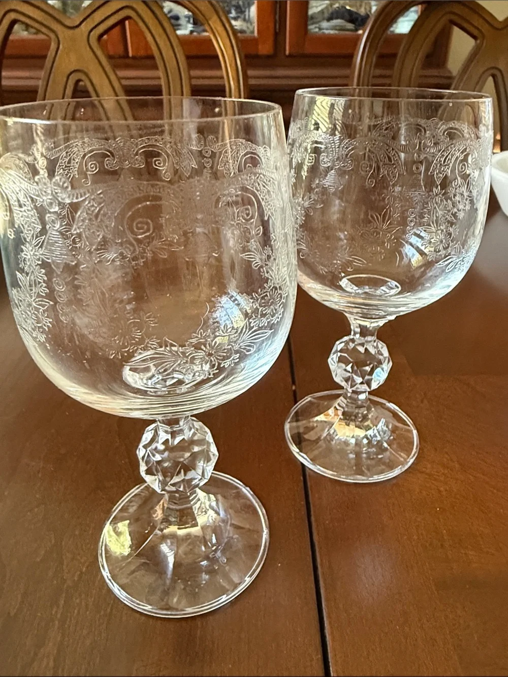 2 pc Czech Bohemian clear etched Crystal Cascade Design cordials footed glasses